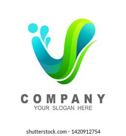 Letter v logo with drop design template, fresh icon, water and wave logo