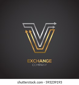 Letter V logo, Exchange money, Economy finance, Arrow, Gold and Silver premium color