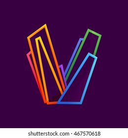 Letter V logo formed by colorful neon lines. Multicolored vector design for presentation, web page, app icon, card, labels or posters.