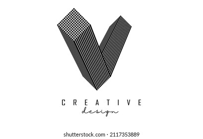 Letter V Logo with geometric 3d shape. Vector illustration with luxury concept for architecture, corporate, business or urban city skyline Real Estate. Linear creative monochrome monogram outline icon