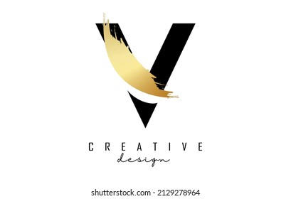 Letter V logo with golden brush stroke and creative cut. Creative Vector Illustration with letter.