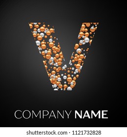 Letter V logo gold-silver dots. Alphabet logotype with abstract golden-silver bubbles shape on black background. Vector template for your design