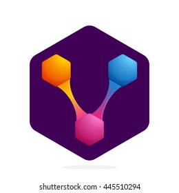 Letter V logo with Hexagon and lines. Bright color vector design for your science, biology, physics, chemistry company. Icon for banner, presentation, web page, app icon, card, labels or posters.