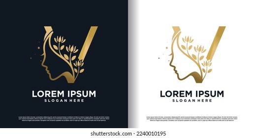 letter v logo icon with beauty women concept premium vector