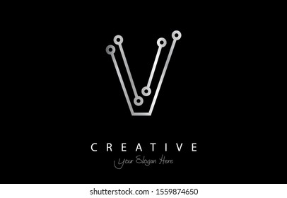 Letter V Logo Icon Design With Circuit Shape. Initial V luxury logo design with silver color for your business.
