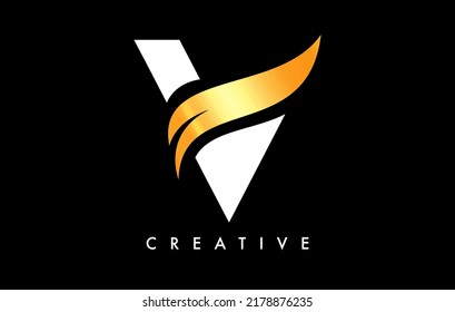 Letter V Logo Icon Design mit goldenem Swoosh und kreative Cut Kurven Form Vektorgrafik.