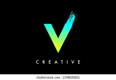 Letter V Logo Icon Design with Rounded Shape and Artistic Brush Stroke Ending. Letter v in Green Blue Electric Vibrant Color Vector Illustration.