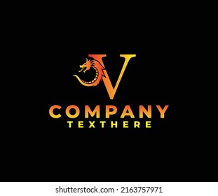letter V logo icon with dragon design vector-fire color black background