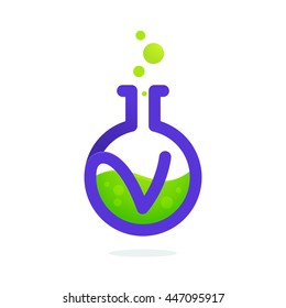 Letter V logo in laboratory beaker. Vector elements for science, biology, physics or chemistry design.