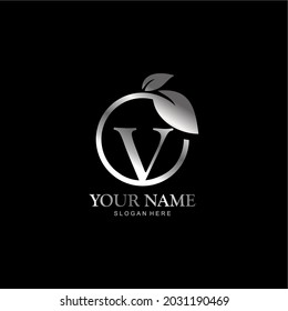 letter V logo and leaf circle. premium vector letter V with silver luxury color leaf. letter V metal model