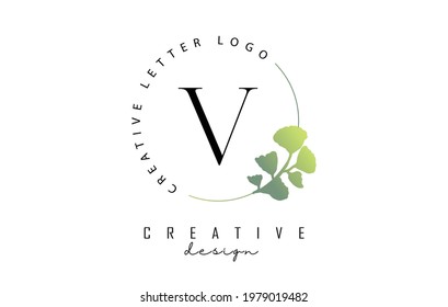 Letter V logo with lettering circle and hand drawn green leaves. Botanical element and minimal letter V. Vector illustration for natural, ecological, floral, personal or corporate branding.