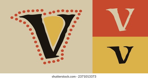 Letter V logo. Lindisfarne calligraphy in majuscule Celtic, Anglo-Saxon, Irish style with red dots pattern. Dim colored medieval initial. Vintage illuminated dropcap for brewery, heraldic monograms.