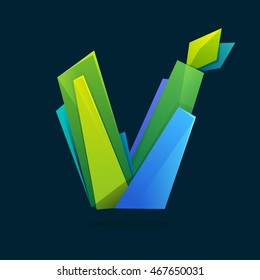 Letter V logo in low poly style with green leaves. Ecology vector design for presentation, web page, app icon, card, labels or posters.