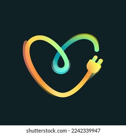Logo de la letra V hecho de una línea de gradiente vívida curvada con icono de enchufe y brillo arcoiris. Emblema multicolor superpuesto. Ideal para aplicaciones eléctricas coloridas, diseño de carga ecológico, publicidad tecnológica.