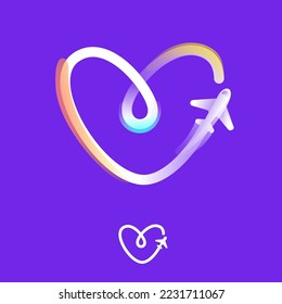 Letter V logo made of one gradient line with plane icon and rainbow shine. Overlapping multicolor emblem. Ideal for colorful travel app, delivery design, aviation advertising, flight identity.