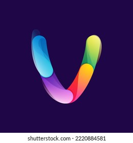 Letter V logo made of overlapping colorful lines. Rainbow vivid gradient modern icon. Vector one line typeface for tech branding design, nightlife labels, multimedia posters, futuristic identity etc.