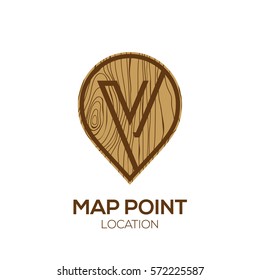 Letter V Logo Map Point Location with wooden texture,Pin maps symbol