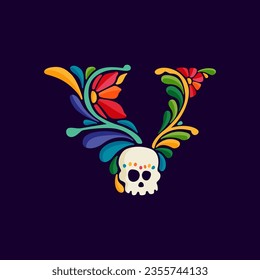 Logo de la carta V con un patrón étnico colorido y ornamentado mexicano. Las hojas tradicionales aztecas y las flores adornan el bordado. Plantilla de diseño vectorial para comida folclórica, fiestas, carnaval y fiesta.