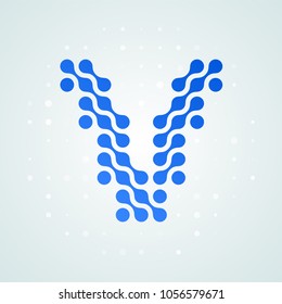 Letter V logo modern halftone icon. Vector flat letter V sign in futuristic blue dot line liquid font trendy digital design