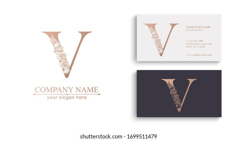 Letter V logo or monogram. For your business. Vector sign. Floral style, beautiful roses. Personal logo.
