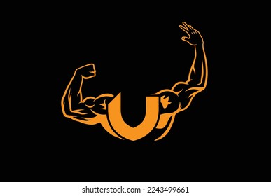 Letter V Logo With muscular open  Back Double Biceps shape. Fitness Gym logo.