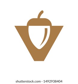 Letter V Logo With Oak Acorn, Walnut Symbol Illustration - Vector