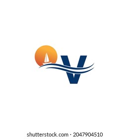 Logo de la carta V con un vector de plantilla de icono de paisaje oceánico