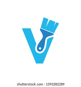 Letter V Logo With Paint Brush Design. Home Building Decoration Icon Graphic. Digital Painting Proffesional Vector.