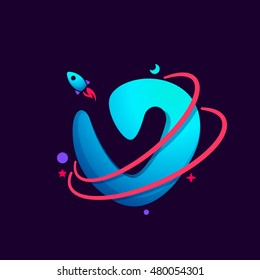 Letter V logo with planet, rocket and orbits lines. Bright vector design for science, biology, physics, chemistry company.