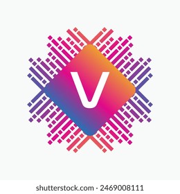 letter V Logo with Pulse music player element. Logo template electronic music, equalizer, dj, nightclub, disco. Audio wave logo concept, Multimedia