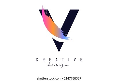 Logo de la letra V con pincel arco iris y corte creativo. Ilustración vectorial creativa con letra.