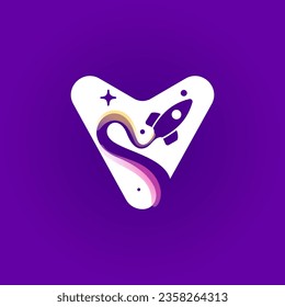 Letter V logo with rocket launch trail, planets, and stars. Negative space style icon. Vector typeface for science identity, planet travel app, chemistry posters, jet company, and biology advertising.