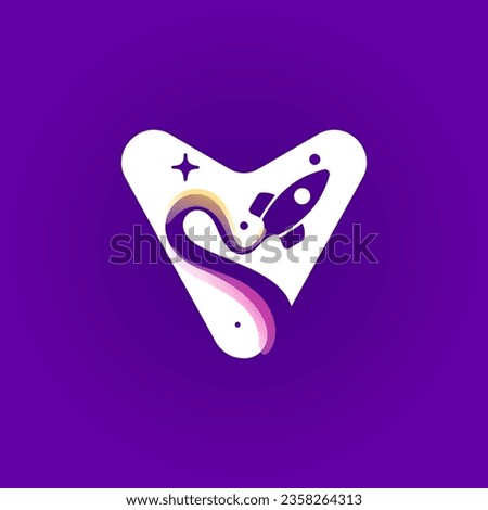 Letter V logo with rocket launch trail, planets, and stars. Negative space style icon. Vector typeface for science identity, planet travel app, chemistry posters, jet company, and biology advertising.