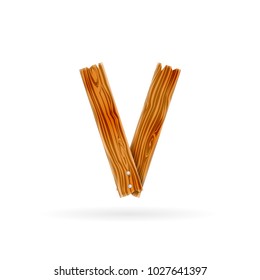 Letter V logo. Rough wooden plank icon. Isolated vector rustic concept.