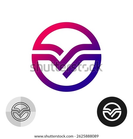 Letter V logo in a round frame. Circle shape badge with initial V letter inside, with bright gradient fill