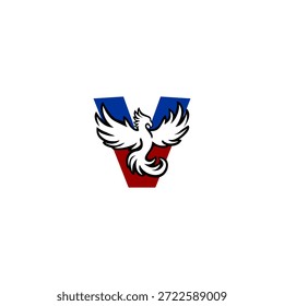Logotipo de la letra V en forma de ave fénix en ascenso. Símbolo de Vector audaz para renacer, fortaleza, seguro y marca de empresa de inversión