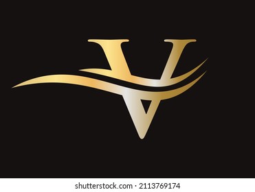 Letter V Logo Sign Design With Water Wave Concept. V Logo Design Vector Template