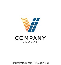 letter v logo with solar elements and solar panels separated in square apart. Editable and easy to custom