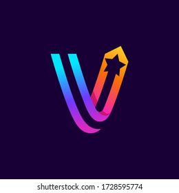Letter V logo with star inside. Vector parallel lines icon. Perfect font for multicolor labels, space print, nightlife posters etc.