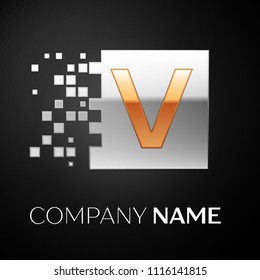 Letter V logo symbol in the golden-silver colorful square with shattered blocks on black background. Vector template for your design