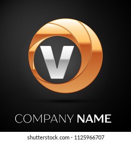 Letter V logo symbol in the golden-silver colorful circle on black background. Vector template for your design