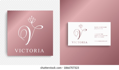 Letter V logo template. Monnogram, delicate floral design. Personal logo.