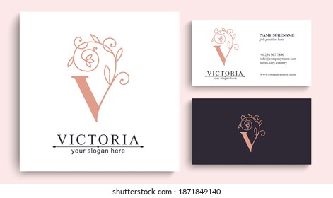 Letter V logo template. Monnogram, delicate floral design. Personal logo.