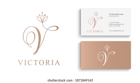 Letter V logo template. Monnogram, delicate floral design. Personal logo.