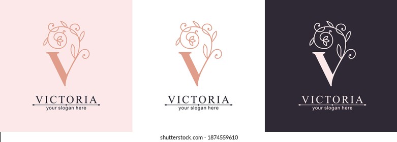 Letter V logo template. Monnogram, delicate floral design. Personal logo.