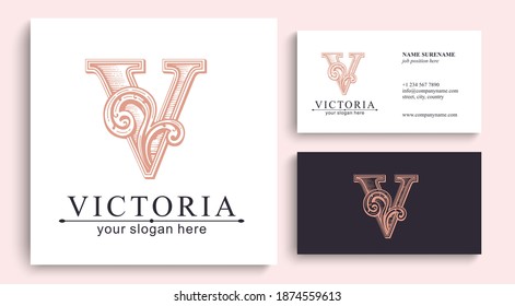Plantilla de logotipo de carta V. Monnograma, delicado diseño floral. Logo personal.