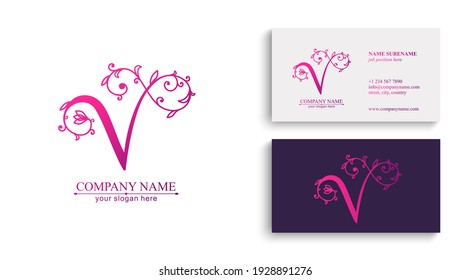 Plantilla de logotipo de carta V. Monnograma, delicado diseño floral. Logo personal. Diseño de vectores.