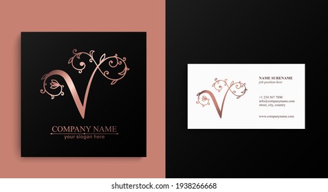 Plantilla de logotipo de carta V. Monnograma, delicado diseño floral. Logo personal. Diseño de vectores.