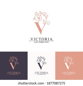 Letter V logo template. Monogram, delicate floral design. Personal logo.