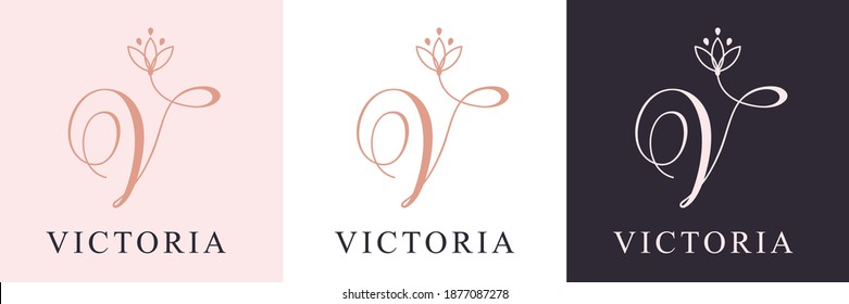 Letter V logo template. Monogram, delicate floral design. Personal logo.